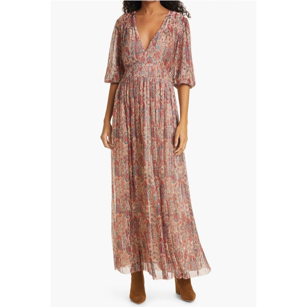 ba&sh Athena Maxi Dress Rouge Floral Metallic Plisse Boho Romantic XS ($547)